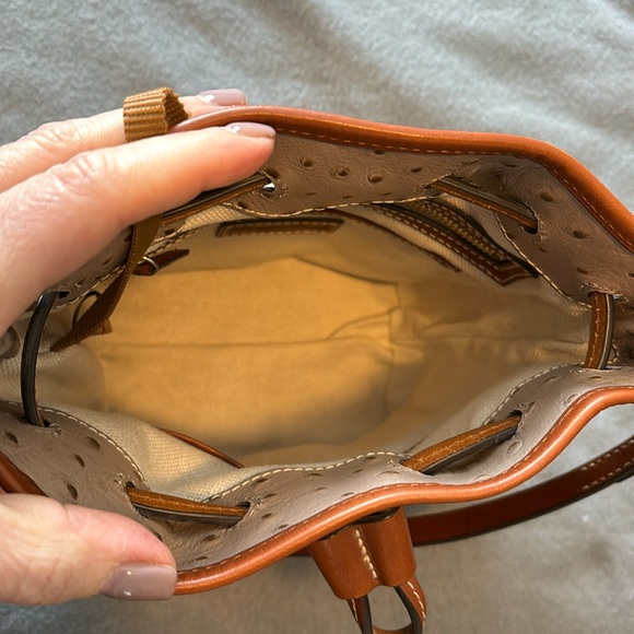 Dooney & Bourke bucket purse. Color~tan & camel ostrich leather. Pics for size. - Picture 5 of 16
